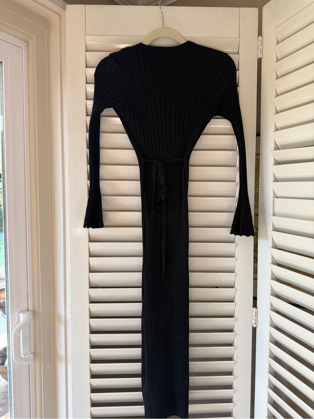 Black Ribbed Long Sleeve Midi Dress with Waist Tie